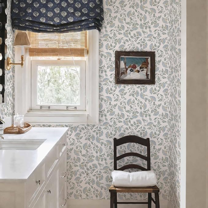 Floral Peel and Stick Wallpaper Blue Contact Paper Morden Cottage 362×17.3" | Grandma Chic Cute Wallpaper Small Flower Renter Friendly Removable Boho White Wall Paper for Bathroom Bedroom Vinyl - Image 9