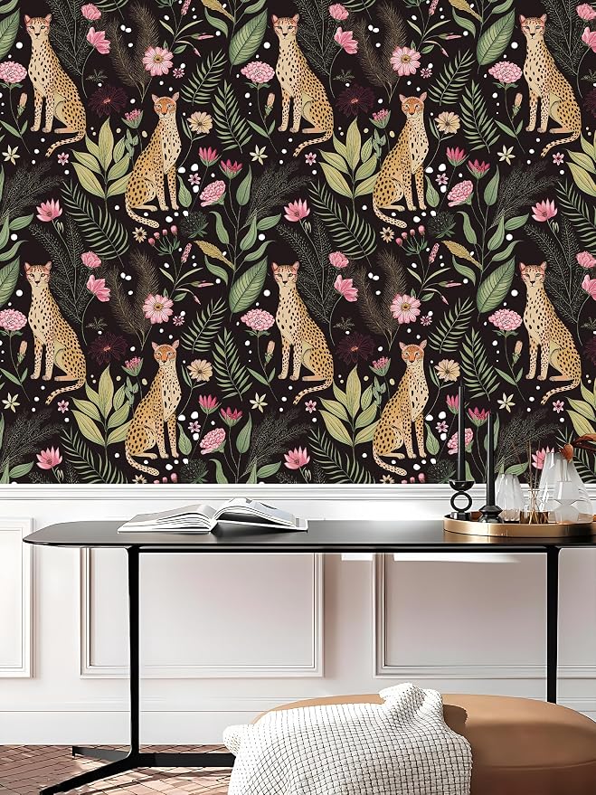 Floralplus Peel and Stick Wallpaper Black Floral Wallpapers for Bedroom | Jungle Leopard Wallpaper Removable Renter Friendly Self Adhesive Contact Paper Home Decor 17.5 x 118 in - Image 8