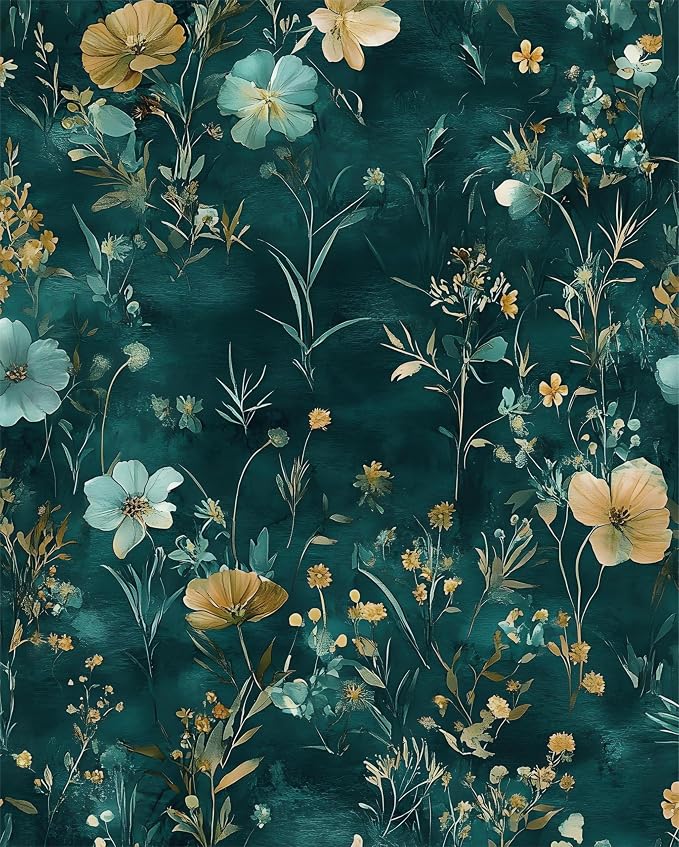 Laatse Floral Leaf Vintage Wallpaper Peel and Stick 17.5" x 393", Teal Gold | Self Adhesive/Removable/Waterproof/Thick Vinyl Contact Paper for Bathroom Bedroom Shelf Cabinet Drawer,Prepasted,Easy Peel by Laatse