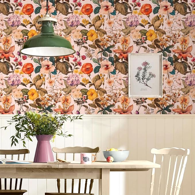 Jeweluck Floral Peel and Stick Wallpaper Vintage Floral Contact Paper Peel and Stick 16.9”x118.1” Poppy Flower Wallpaper Boho Leaf Wall Paper Removable Self Adhesive Decorative for Cabinets Vinyl - Image 8
