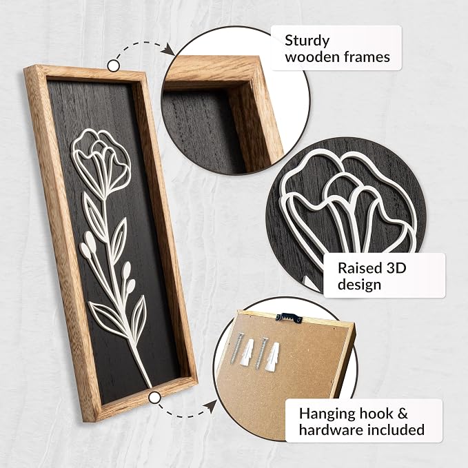 3D Vintage Black Living Room Decor (Set of 2) Lightweight, Wooden Ready-to-Hang Framed Moody Floral Wall Art for Bathroom, Bedroom or Office - Dark Textured Boho Farmhouse Wall Decor - Gift-Boxed - Image 5