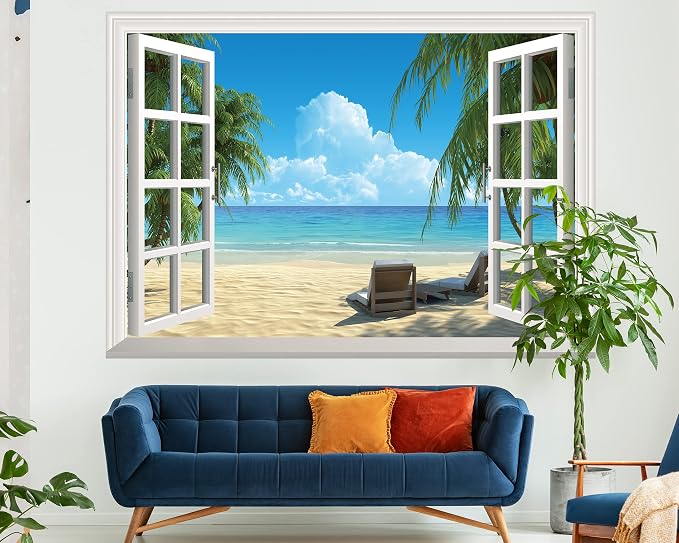 FLFK Fake Window Wall Sticker - Summer Beach Faux Window Wall Mural for Wall Decor, Stick and Peel Wall Decals,80"x60",Set of 5 Sheets - Image 2