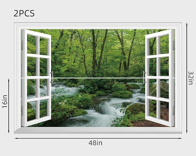FLFK Fake Window Wall Mural - Streams in The Jungle Faux Window Wall Sticker for Wall Decor, Stick and Peel Wall Decals,48"x32",Set of 2 Sheets - Image 2