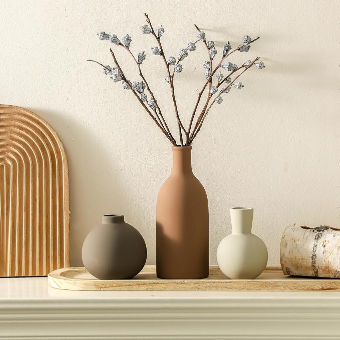 Vase Set of 3 | Ceramic Neutral Vases Home Decor | Rustic Flower Pottery Vases Modern Farmhouse Vase for Table Entryway Mantel Centerpiece Bookshelf Living Room Bathroom Bedroom -Brown Large - Image 6