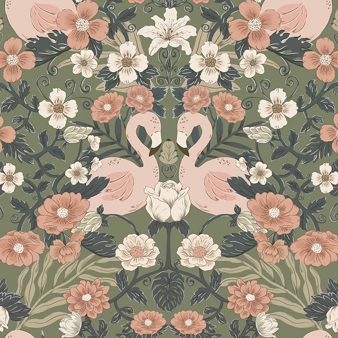 Heroad Vintage Peel and Stick Wallpaper 17.3''X 385'' Floral Flamingo Contact Paper Sage Green William Morris Wall Paper Removable Renter Friendly Wallpaper for Bedroom Nursery Farmhouse Vinyl Rolls by HeroadBrand