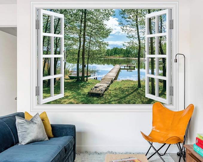 FLFK Fake Window Wall Decal Peel and Stick Wall Mural 80" x 60" | Lake & Forest Scene, 3D Illusion Effect, Removable Design, Home Office Decor, Pre-cut into 5 pieces - Image 5