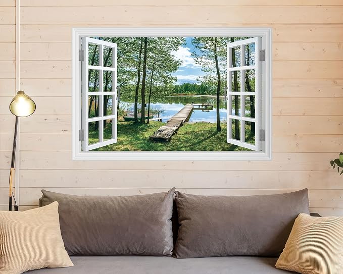FLFK Fake Window Wall Decal Peel and Stick Wall Mural 48" x 32" | Lake & Forest Scene, Pre-cut into 2 pieces, 3D Illusion Effect, Removable Design, Home Office Decor, Easy Application - Image 6