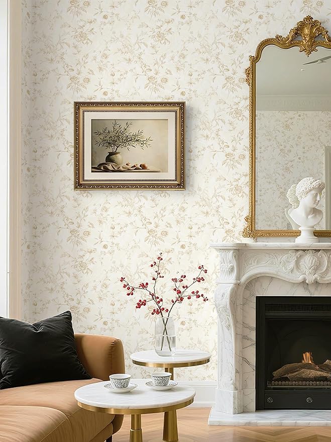 Dimoon Floral Wallpaper Peel and Stick Beige Contact Paper Vintage Neutral Wallpaper 17.3inx236in Removable Self-Adhesive Stick on Wall Paper Waterproof for Bathroom Wall Decor Vinyl - Image 2