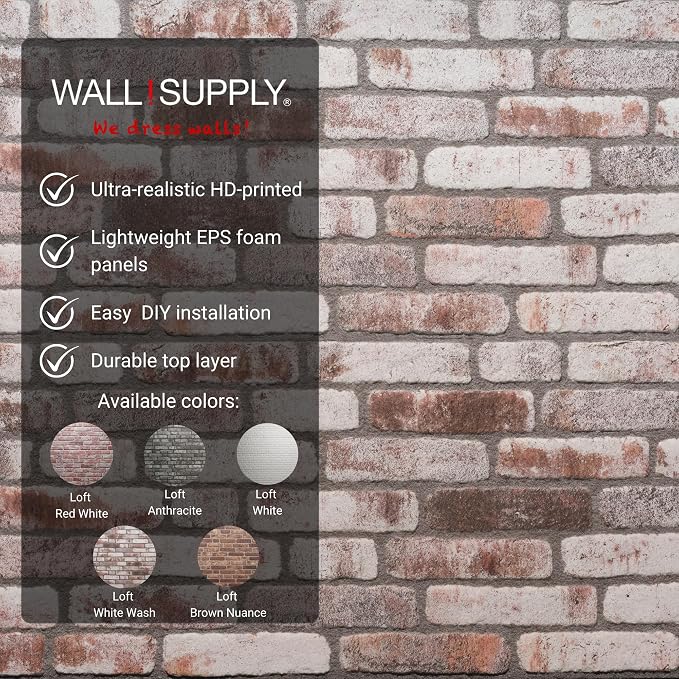 Wall!Supply 3D Wall Panels – Faux Brick, White Wash Weathered – Lightweight Foam (EPS) – Wallpaper Alternative for Living Room, Bedroom & Office – Easy DIY Installation – 4 Pack, Covers 25.84 Sq Ft | Lightweight EPS Foam, Wallpaper Alternative, Easy DI... - Image 3