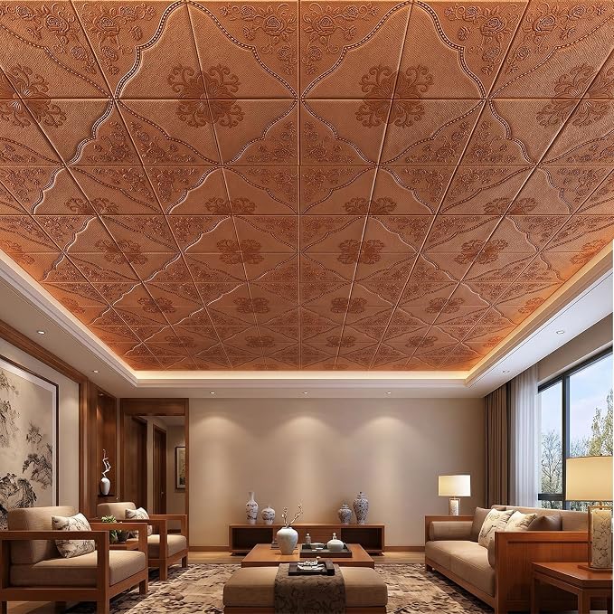 Nuanchu 40 Pcs 13.8 x 13.8 Inch Ceiling Tiles Peel and Stick, Copper | Foam White 3D Wall Panels 26-105.5 Sq. ft Adhesive Glue up Waterproof Wallpaper for DIY Office Home - Image 6