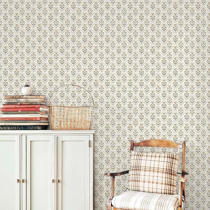 Dimoon 17.3''x393'' Peel and Stick Wallpaper Floral Beige Boho Neutral Cute Contact Paper Vintage Village Country Cottage Wallpaper Farmhouse Renter Friendly Geometry Waterproof Kitchen Bedroom by DIYYOURMOON