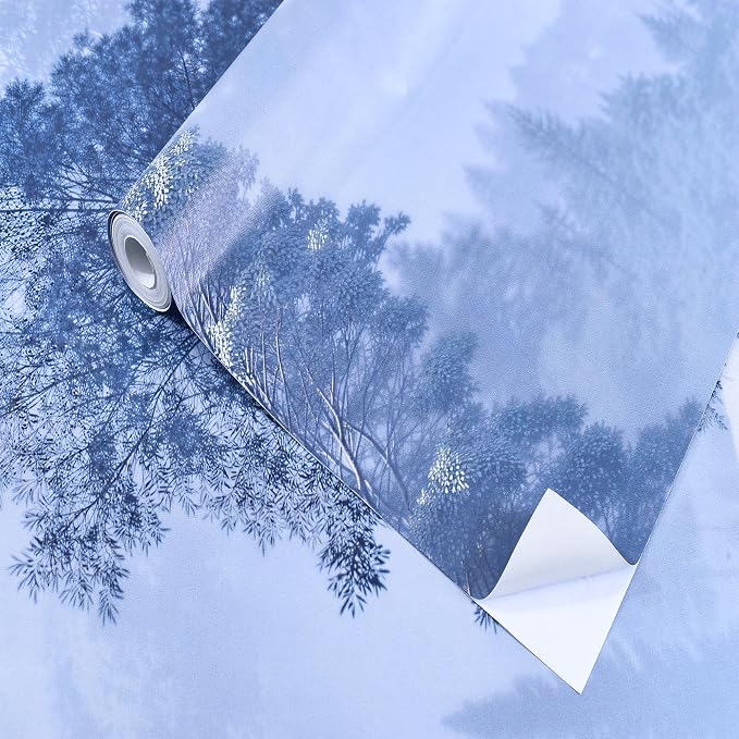 ASJ Forest Peel and Stick Wallpaper Mural, Misty Mountain Light Blue | Seamless edge-to-edge match. Dusty blue grey nature artwork, 157x98 in, premium fabric, living room bedroom. - Image 9