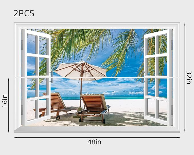 FLFK Fake Window Wall Mural - Ocean Beach Faux Window Wall Sticker for Wall Decor, Peel and Stick Wall Decals,48"x32",Set of 2 Sheets - Image 2