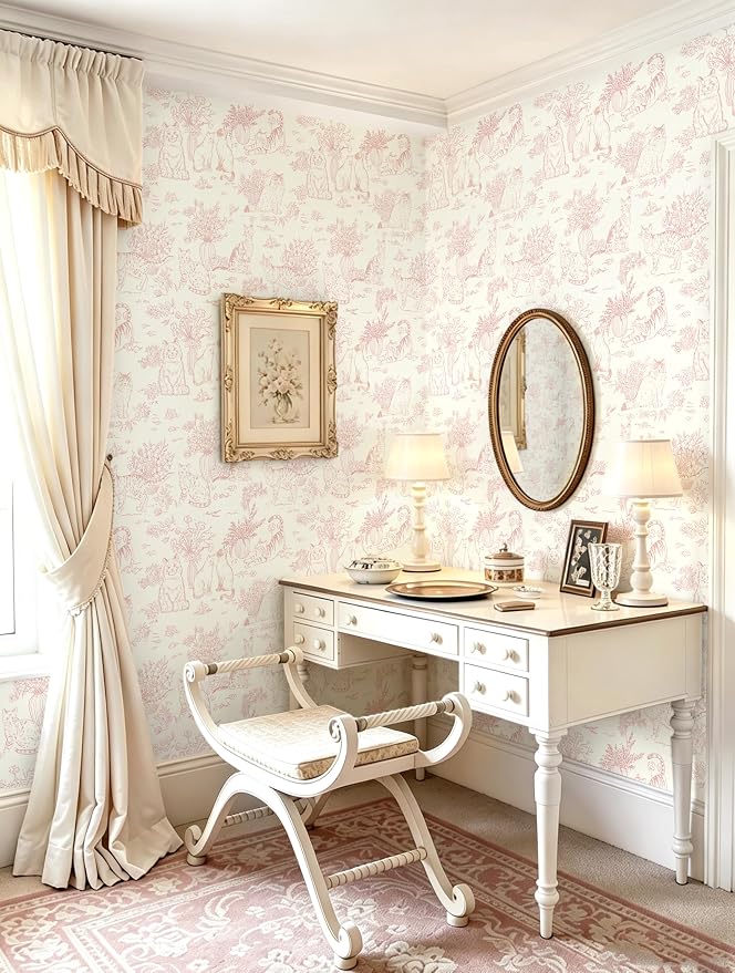 Guvana Pink Peel and Stick Wallpaper Cat Wall Paper Vintage Animal Contact Paper Vinyl Waterproof Wallpaper Floral Slef Adhesive Removable for Living Room Bedroom Kitchen Bathroom 17.3"×78.7" - Image 3