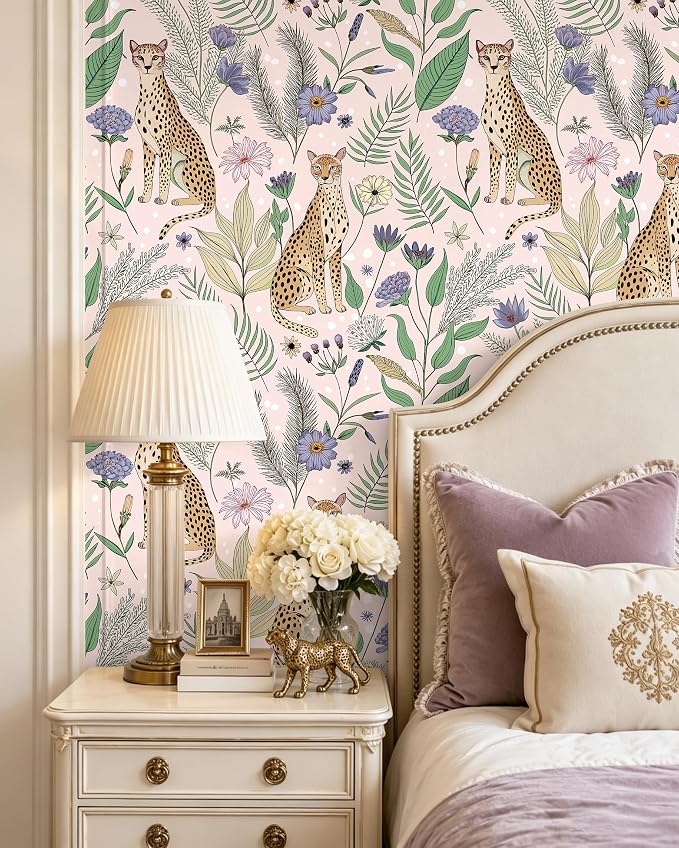 Floralplus Wallpaper Peel and Stick Vintage Pink Floral Wallpaper | Renter Friendly, Removable, Self Adhesive, Jungle Leopard Wallpaper, Textured Contact Paper for Nursery, 17.5 x 118 in - Image 4