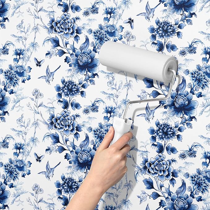 RUSPEPA Peel and Stick Wallpaper - Blue Flower White Design Self Adhesive Removable Wallpaper Decorative Waterproof Contact Paper for Cabinets, Walls - 17.3 Inch x 6.5 Feet - Image 5