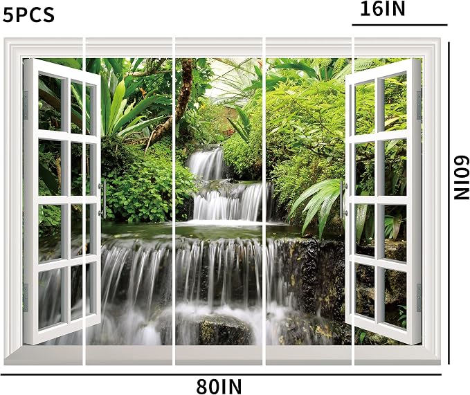 FLFK Fake Window Wall Sticker - Waterfall Faux Window Wall Mural for Wall Decor, Stick and Peel Wall Decals,60"x80",Set of 5 Sheets - Image 4