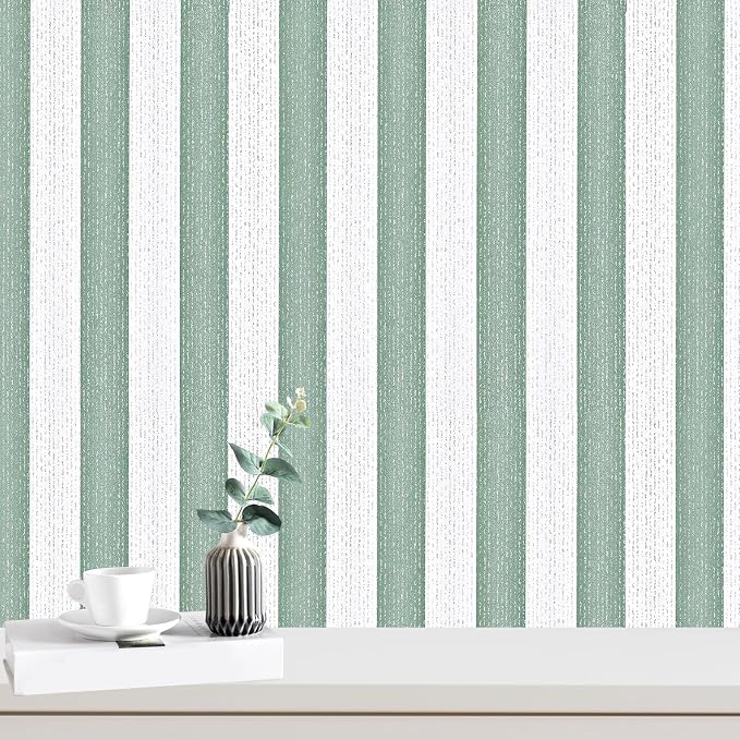 Green Stripe Peel and Stick Wallpaper 15.7" x 118" | Green and White Striped Boho Self-Adhesive Contact Paper Removable Waterproof Wallpaper for Bedroom,Cabinets,Drawer Liners by Horryhaushomedecoration