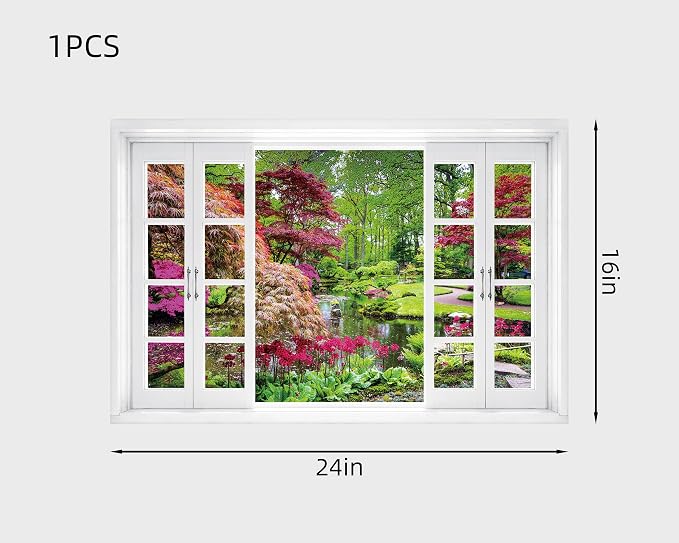 FLFK Fake Window Wall Decal - Garden View with Maple Treest Peel and Stick Mural, 24 x 16 inches - Image 2