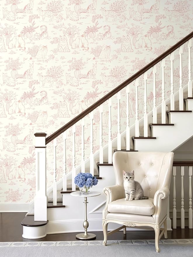 Guvana Pink Peel and Stick Wallpaper Cat Wall Paper Vintage Animal Contact Paper Vinyl Waterproof Wallpaper Floral Slef Adhesive Removable for Living Room Bedroom Kitchen Bathroom 17.3"×78.7" - Image 9