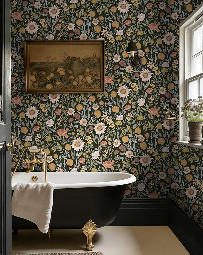 Dimoon Vintage Peel and Stick Wallpaper Boho Dark Floral Contact Paper 17.3''x197'' Retro Rustic Pink Removable Wall Paper Renter Friendly Texture Black Wallpaper for Bedroom Bathroom Cabinets Vinyl - Image 5