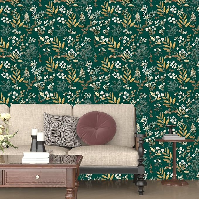 Laatse Vintage Dark Green Gold Floral Peel and Stick Wallpaper 17.5"x118" | Self Adhesive/Removable/Waterproof/Thick Vinyl Contact Paper for Bathroom Bedroom Shelf Cabinet Drawer,Prepasted,Easy Peel - Image 5