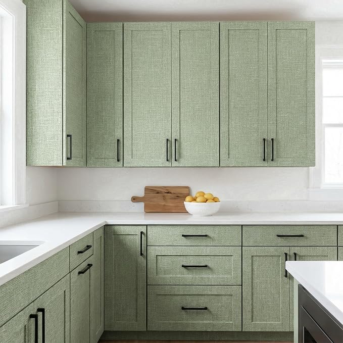 WADILE Grasscloth Peel and Stick Wallpaper 15.7in x 787.4in, Textured Contact Paper for Cabinets, Faux Linen Wall Paper Pull and Stick, Fabric Vinyl Wallpaper Self Adhesive Light Green | Textured contact paper, Faux linen, Vinyl material, Cabinets, Sel... - Image 5