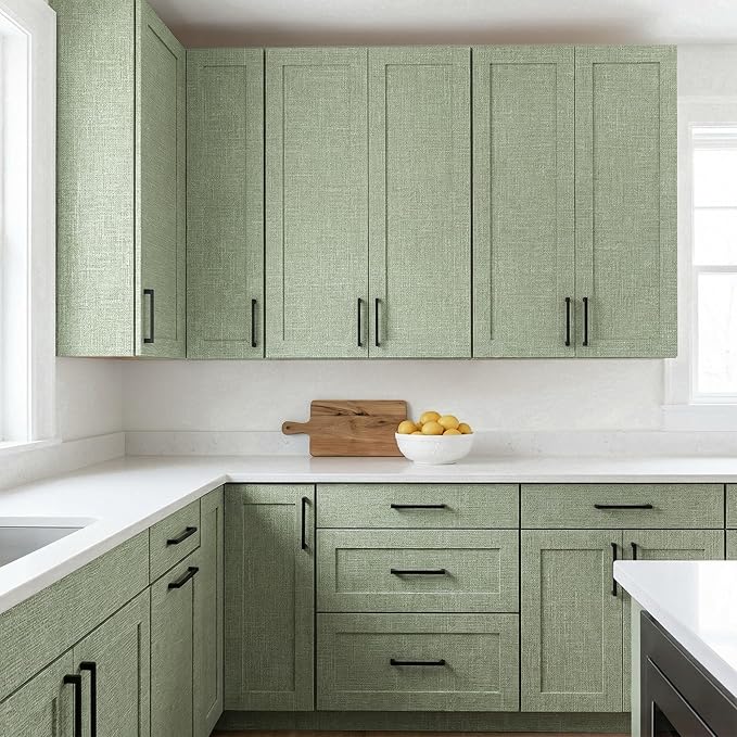 WADILE Grasscloth Peel and Stick Wallpaper 15.7in x 196.8in Light Green | Textured contact paper, Faux linen, Vinyl material, Cabinets, Self adhesive - Image 5