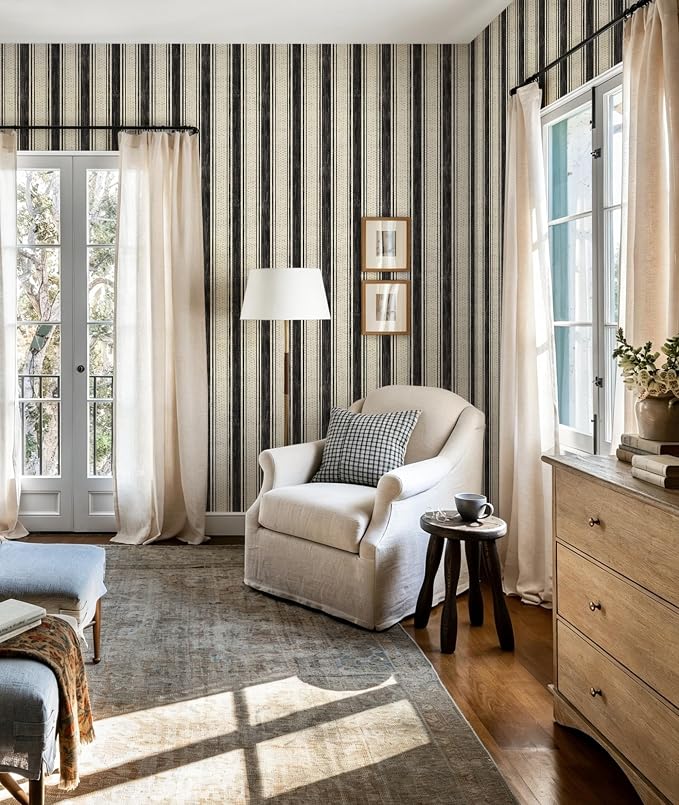 Safiyya Peel and Stick Wallpaper Black and Cream White 17.3"×197" Hand-Painted Striped Contact Paper Beige Vintage Wall Paper Self Adhesive Removable Wallpaper for Bedroom Bathroom Vinyl - Image 5