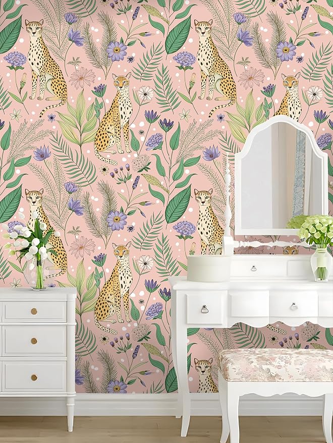 Floralplus Wallpaper Peel and Stick Pink Leopard Wallpaper Floral Removable Wallpapers Jungle Animal Renter Friendly Wallpapers for Bathroom Textured Self Adhesive Contact Paper 17.5 x 118 in - Image 2