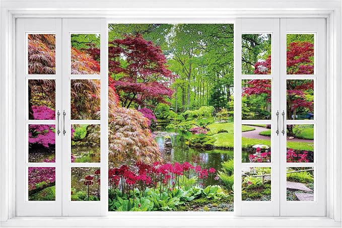 FLFK Fake Window Wall Mural - Garden View with Maple Treest Peel and Stick Decal, 80 x 60 inches, Set of 5 Sheets by FLFK