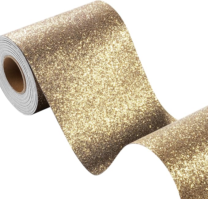 FunStick Brown Gold Glitter Wallpaper Border Peel and Stick Wall Border Trim Removable Bathroom Mirror Border Peel and Stick Sparkly Glitter Contact Paper for Wall Decor Bulletin Board Vinyl 3.9"x200" by FunStick