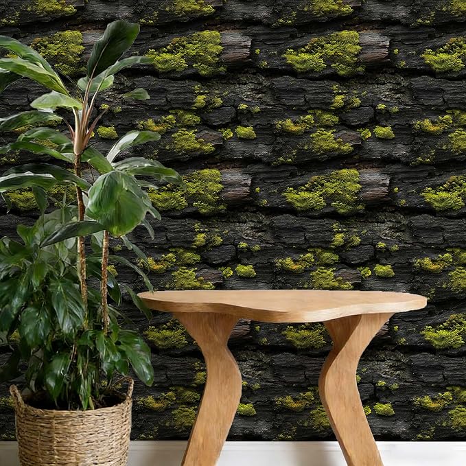 Brick Wallpaper Mossy Wood Peel and Stick Wallpaper | Black and Green Realistic Textured Bark Pattern Wallpaper Rustic Nature for Home Decor , Self-Adhesive, Waterproof Vinyl - Image 4