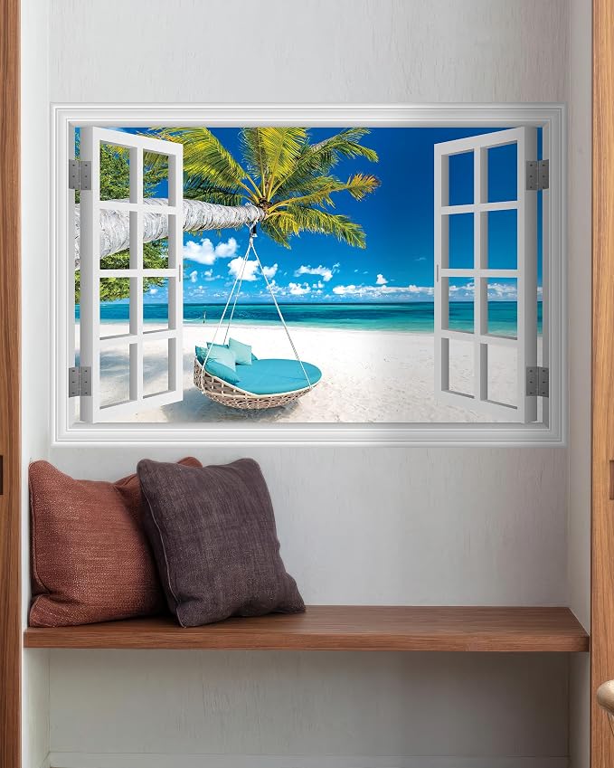 FLFK Fake Window Wall Decal, Tropical Beach Paradise with Turquoise Ocean, White Frame, Peel and Stick, 48 x 32 Inches,for Living Rooms, bedrooms, and Offices - Image 4