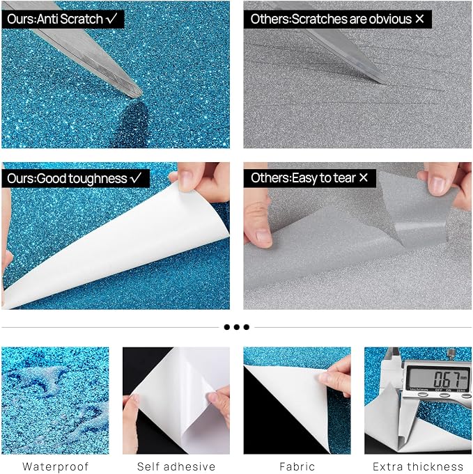 FunStick Ocean Blue Glitter Wallpaper Border Peel and Stick Removable Wall Paper Borders for Bathroom Mirror Frame Border Sticker Blue Glitter Contact Paper Border for Bedroom Walls Waterproof 3.9x200 - Image 5