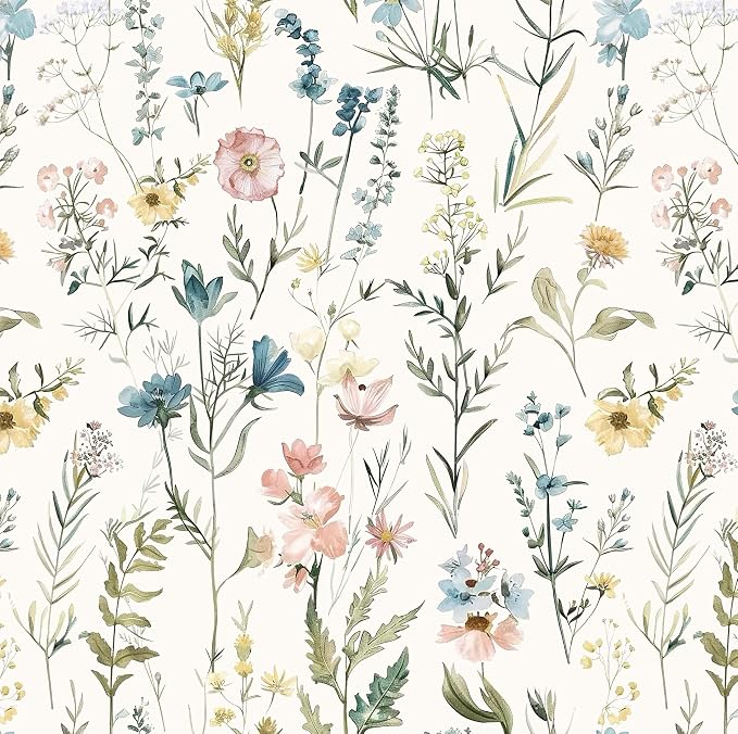 Dimoon Boho Peel and Stick Wallpaper Beige Floral Contact Paper 17.3x197in |Blue Wildflower Botanical Renter Friendly Removable Self Adhesive Stick on Wall Paper Decor for Bathroom Bedroom Vinyl by DIYYOURMOON