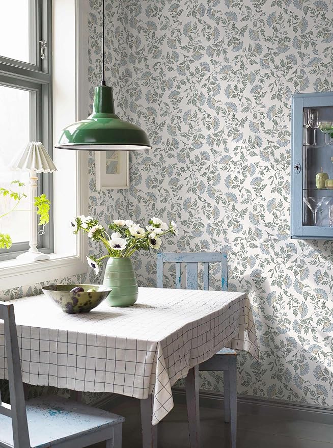Floral Peel and Stick Wallpaper Blue Contact Paper Morden Cottage 197×17.3" | Grandma Chic Cute Wallpaper Small Flower Renter Friendly Removable Boho White Wall Paper for Bathroom Bedroom Vinyl - Image 8