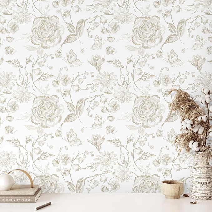 Floral Peel and Stick Wallpaper Boho Beige Contact Paper Neutral Farmhouse Vintage Wall Paper Removable Self Adhesive Wallpaper Bedroom Cabinet Bathroom Waterproof Vinyl Roll 17.3" x 78" by Micpolo