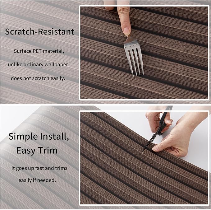 Haimin Wood Grain Slat Wall Panels Peel and Stick Faux Wood Thick Wallpaper | 118"x15.75" Waterproof PET & IXPE Foam Paneling Adhesive Smooth Beadboard Wallpaper Wall Covering Panels (Dark Brown) - Image 5