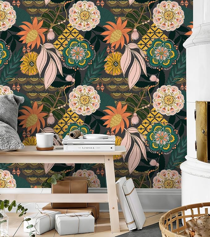 HAOKHOME Funky Wallpaper Peel and Stick Tropical Dark Grey 17.3in x 32.8ft | Boho Floral Botanical Banana Leaf Texture Removable Renter Friendly Wall Paper Gray Pink Green Bathroom Bedroom Contact Paper - Image 2