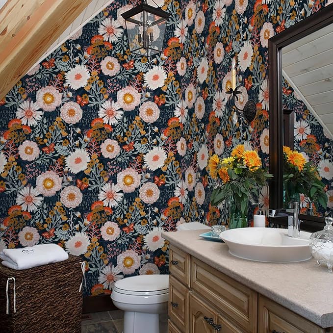 Dimoon Boho Wallpaper Peel and Stick Wallpaper Floral Retro Contact Paper 17.3''x78.7'' Dark Blue Vintage Bohemian Removable Wall Paper Renter Friendly Waterproof Wall Mural for Bedroom Bathroom Vinyl - Image 6