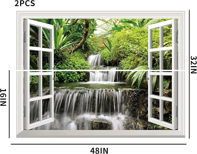 FLFK Fake Window Wall Sticker - Waterfall Faux Window Wall Mural for Wall Decor, Stick and Peel Wall Decals,32"x48",Set of 2 Sheets - Image 4