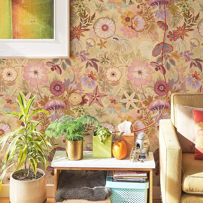 Ismoon Vintage Floral Peel and Stick Wallpaper Deep Beige Pink Contact Paper Jellyfish Starfish Stick on Wall Paper Removable Self Adhesive Vinyl Wallpaper for Bedroom Wall Cabinet Decor 17.3x78.7in - Image 2