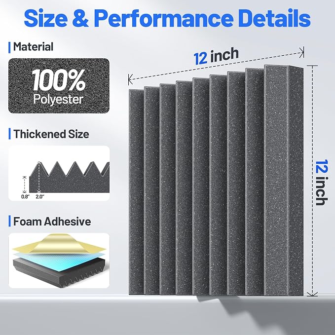 Self-Adhesive Sound Proof Foam Panels For Walls High Density Acoustic Panel | 12 Pack Soundproof Wall Panels Fast-Expanding, 2”×12”×12” Sound Dampening Absorbing Panel for Gaming Studio Decor - Black - Image 6