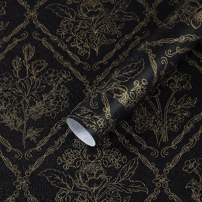 Toduso Peel and Stick Wallpaper Vintage Wall Paper Boho Contact Paper Black and Gold Floral Removable Wallpaper for Bathroom Bedroom Flower Waterproof Self Adhesive Vinyl Drawer Decor 17.3"x393.7" by Toduso