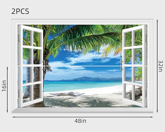 FLFK Fake Window Wall Mural - Beach Palm Trees Faux Window Wall Sticker for Wall Decor, Stick and Peel Wall Decals,48"x32",Set of 2 Sheets - Image 2