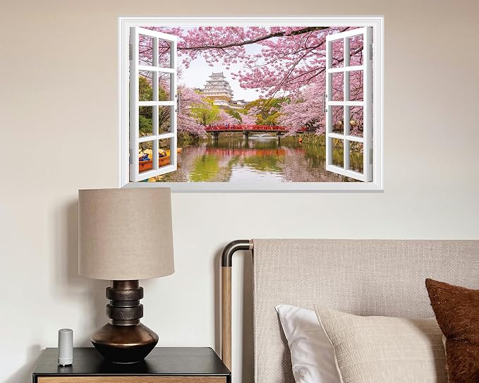 FLFK Fake Window Wall Decal - Cherry Blossom Faux Window Wall Mural for Wall Decor, Peel and Stick Wall Sticker,24"x16" - Image 6