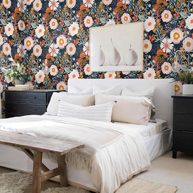 Dimoon Boho Wallpaper Peel and Stick Wallpaper Floral Retro Contact Paper 17.3''x362'' Dark Blue Vintage Bohemian Removable Wall Paper Renter Friendly Waterproof Wall Mural for Bedroom Bathroom Vinyl - Image 7
