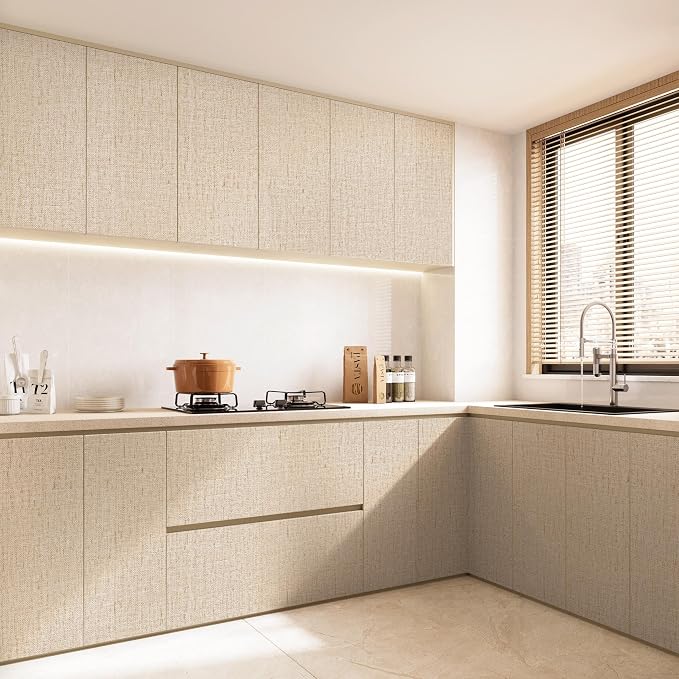 Beige Grasscloth Peel and Stick Wallpaper Textured 15.7in x 78.7in | Faux Linen Wallpaper Peel and Stick Vintage Grasscloth Contact Paper Self Adhesive Removable Contact Paper for Bedroom Vinyl - Image 5