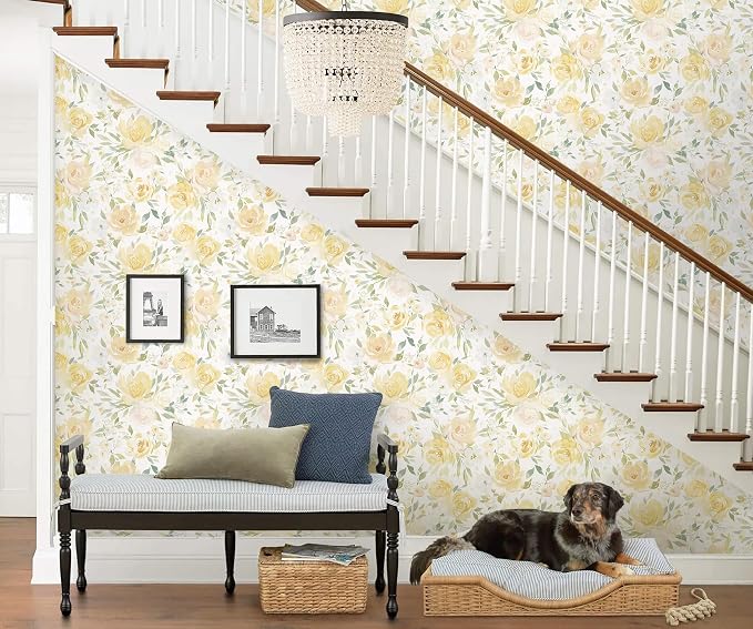 Heroad Peel and Stick Wallpaper Yellow Floral Contact Paper 17.3''x78.7'' Large Flower Wallpaper Watercolor Removable Self-Adhesive Wall Paper for Cabinets Bedroom Bathroom Waterproof Stick on Walls - Image 2